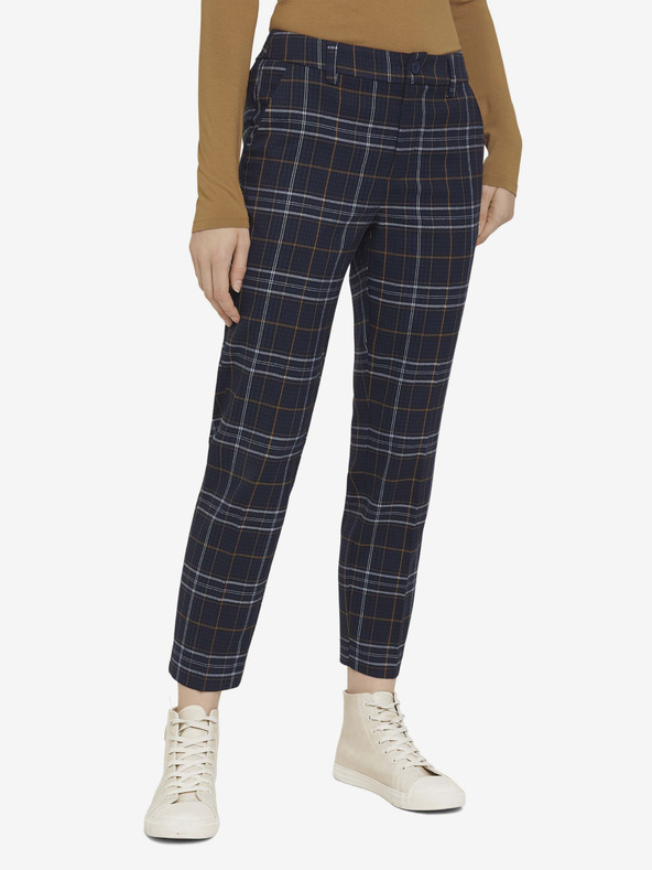 Tom Tailor Denim Tmavě modré dámské kostkované zkrácené kalhoty Tom Tailor Denim
