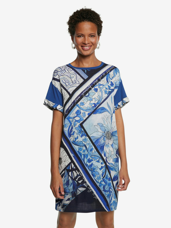 Desigual Modré květované šaty Desigual Vest Solimar