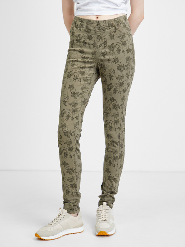 CAMAIEU Khaki vzorované slim fit kalhoty CAMAIEU