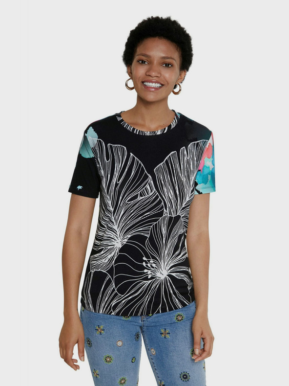 Desigual Černé dámské vzorované tričko Desigual TS Leaves