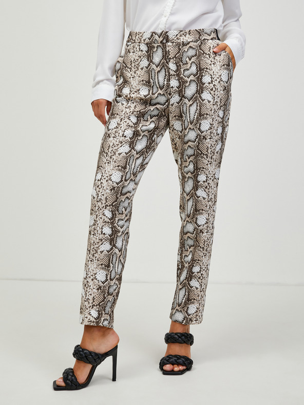 CAMAIEU Bílo-hnědé vzorované straight fit kalhoty CAMAIEU