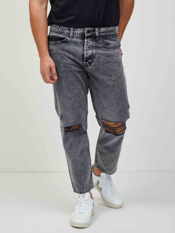 ONLY & SONS Šedé zkrácené straight fit džíny s potrhaným a vyšisovaným efektem ONLY & SONS Avi