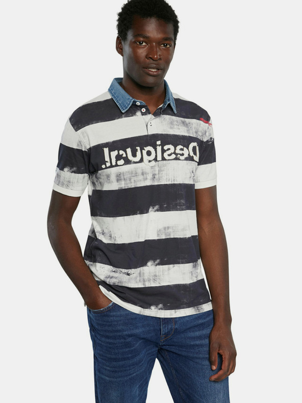 Desigual Černo-bílé pánské pruhované  polo tričko Desigual TS Julien