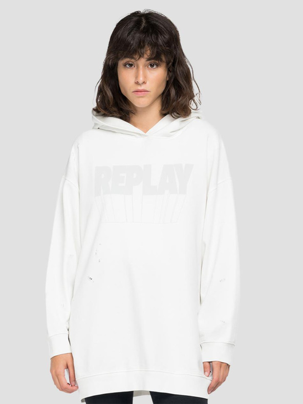 Replay Bílá dámská oversize mikina s potrhaným efektem Replay