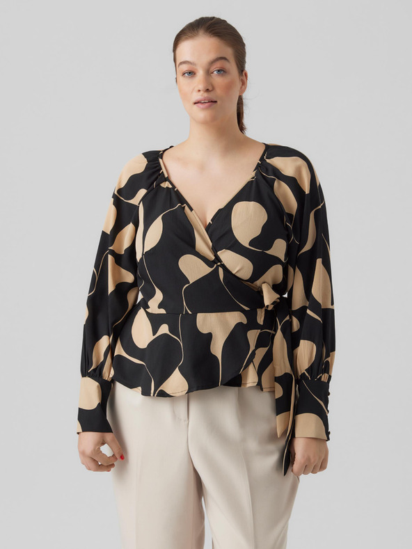 Vero Moda Curve Béžovo-černá dámská vzorovaná halenka se zavazováním VERO MODA CURVE Lydia