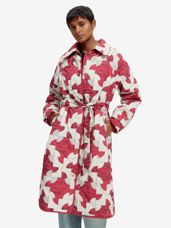 Scotch & Soda Bílo-růžový dámský vzorovaný prošívaný zimní kabát Scotch & Soda