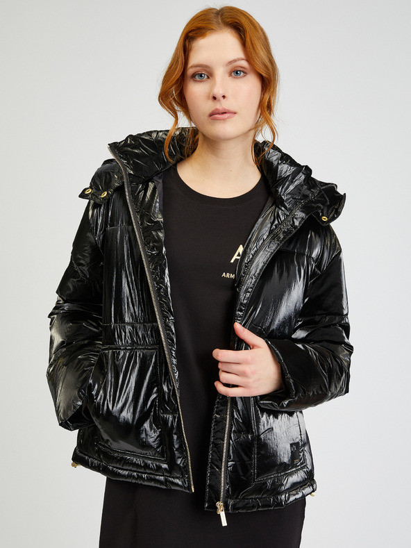 Armani Exchange Černá dámská prošívaná lesklá bunda s odepínací kapucí Armani Exchange