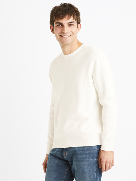 Celio Krémový pánský žebrovaný basic svetr Celio Dexter