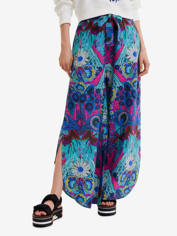 Desigual Růžovo-tyrkysové dámské vzorované volné kalhoty Desigual Lile-Lacroix