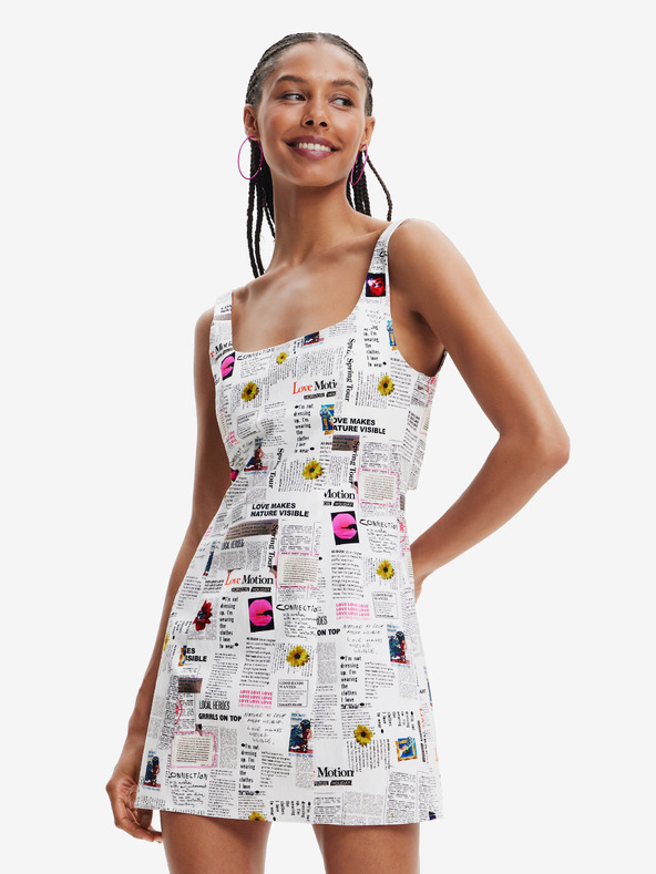 Desigual Bílé dámské vzorované šaty s průstřihem Desigual Breaking News