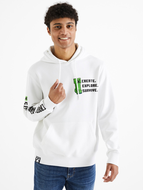 Celio Bílá pánská mikina s kapucí Celio Minecraft