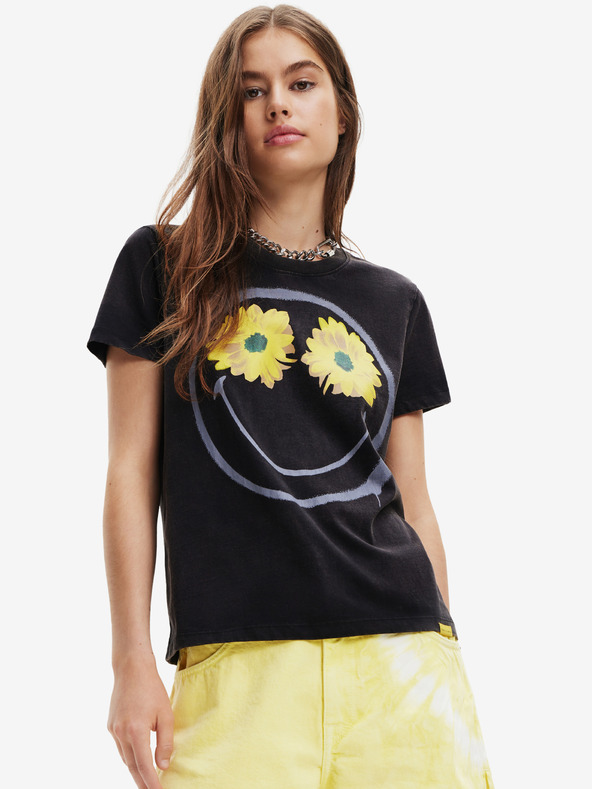 Desigual Černé dámské tričko Desigual Margarita Smiley