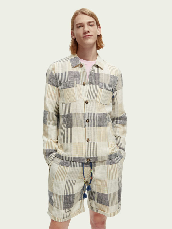 Scotch & Soda Šedo-krémová pánská lněná kostkovaná košilová bunda Scotch & Soda