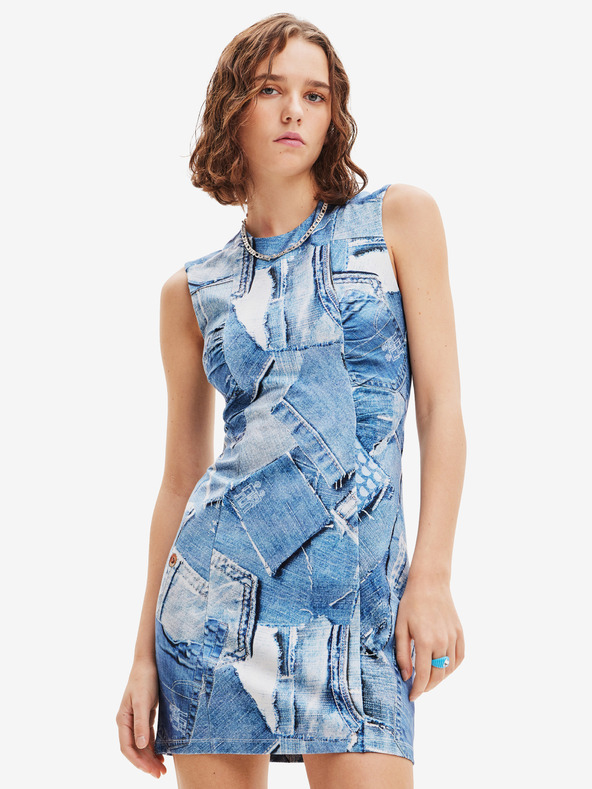 Desigual Modré dámské vzorované minišaty Desigual Denam