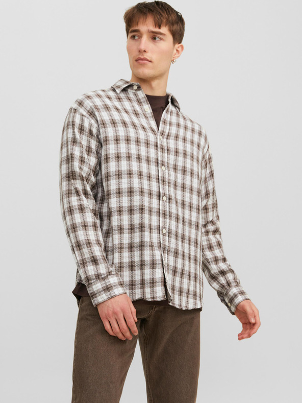 Jack & Jones Bílo-hnědá pánská kostkovaná košile Jack & Jones Gracia