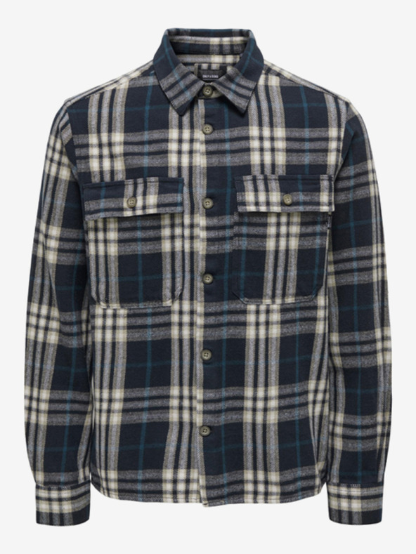 ONLY & SONS Béžovo-modrá pánská kostkovaná flanelová košile ONLY & SONS Scott