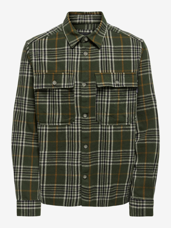 ONLY & SONS Béžovo-zelená pánská kostkovaná flanelová košile ONLY & SONS Scott