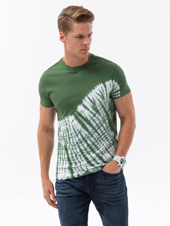 Ombre Clothing Tmavě zelené pánské batikované tričko Ombre Clothing