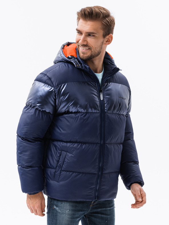 Ombre Clothing Tmavě modrá pánská prošívaná zimní bunda s kapucí Ombre Clothing