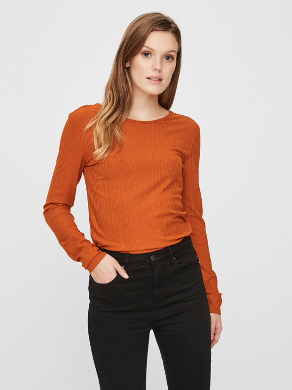 Vero Moda Hnědé žebrované tričko VERO MODA Ketti