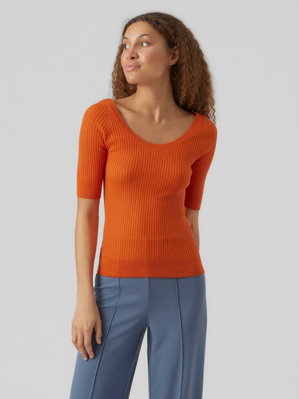 Vero Moda Oranžové dámské žebrované basic tričko VERO MODA Estela