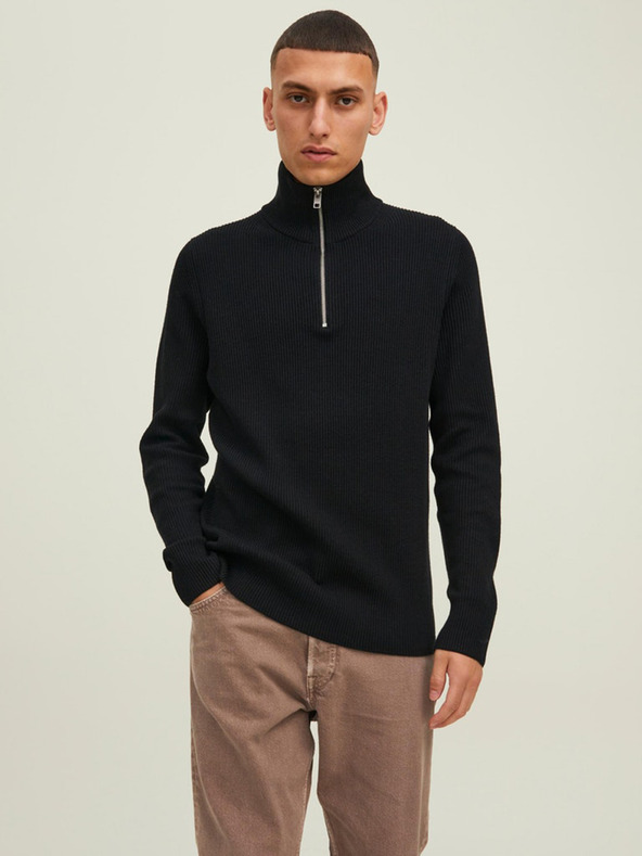 Jack & Jones Černý pánský žebrovaný svetr na zip Jack & Jones Perfect