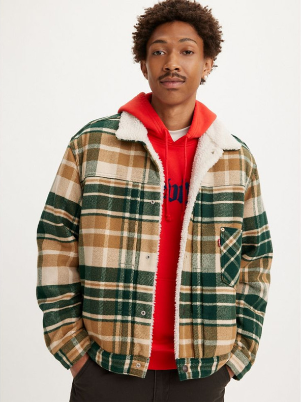 Levi's® Zeleno-hnědá pánská kostkovaná bunda s příměsí vlny Levi's® Type 1 Sherpa Trucker