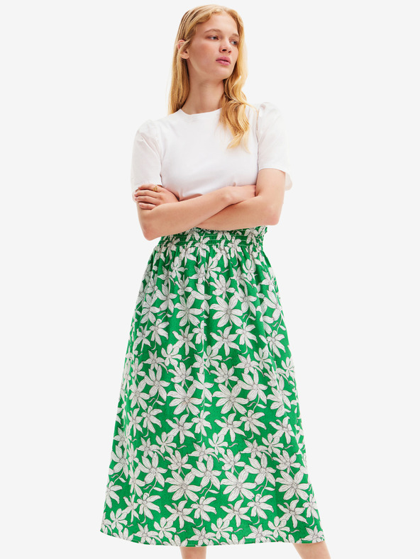 Desigual Bílo-zelené dámské květované midišaty Desigual Marlon