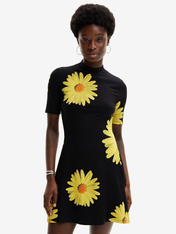 Desigual Žluto-černé dámské květované šaty Desigual Margaritas