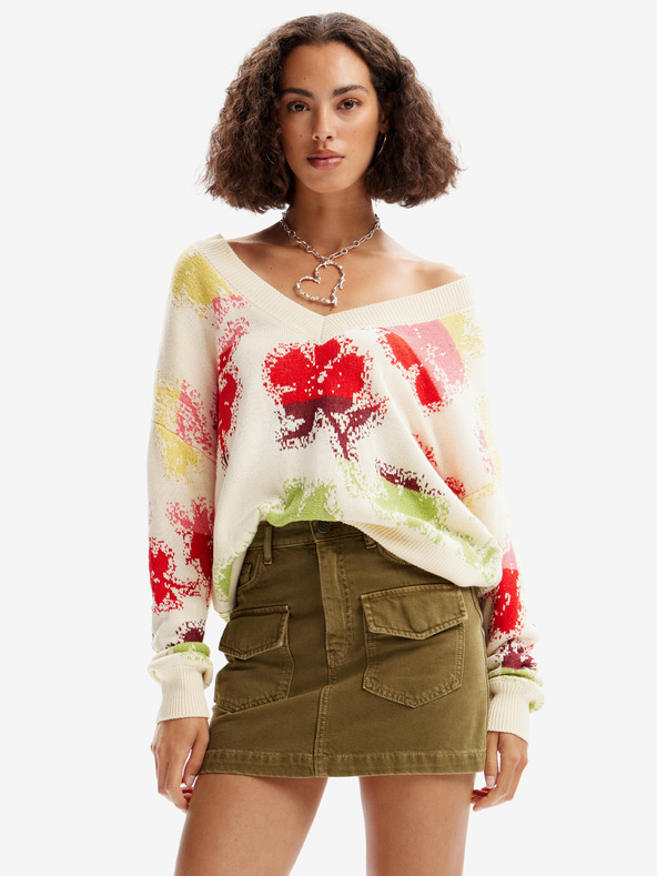 Desigual Červeno-krémový dámský květovaný svetr Desigual Join