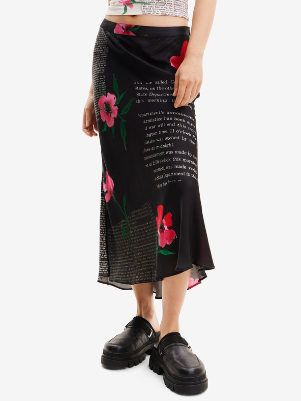 Desigual Černá dámská květovaná saténová maxi sukně Desigual Siracusa