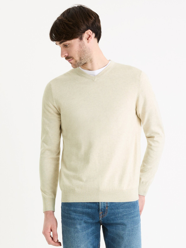 Celio Krémový pánský basic svetr Celio Decotonv