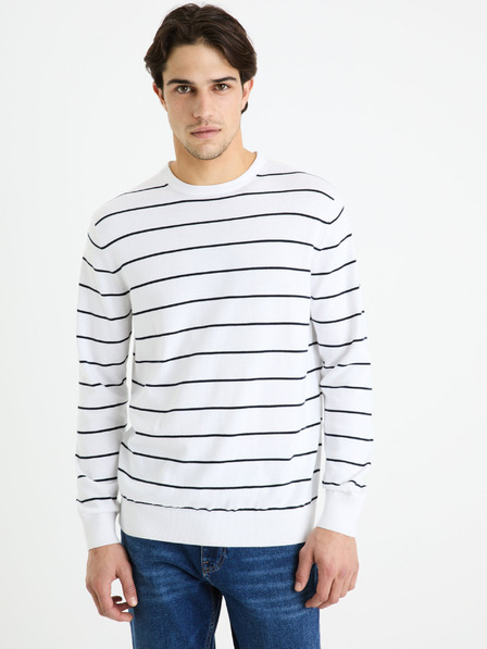 Celio Bílý pánský pruhovaný basic svetr Celio Decoton