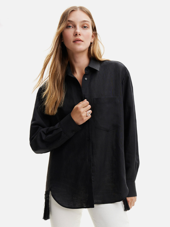 Desigual Černá dámská oversize košile s příměsí lnu Desigual Fringes