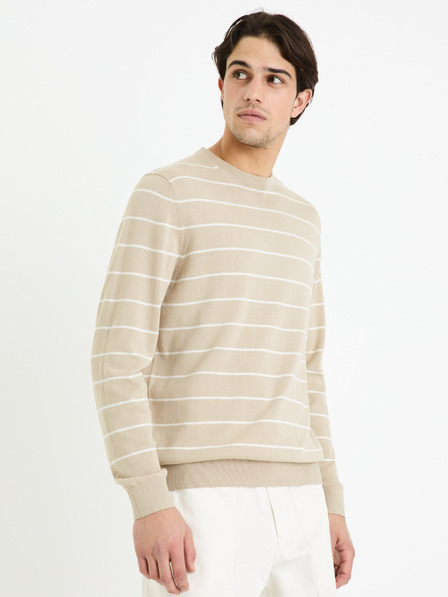 Celio Béžový pánský pruhovaný basic svetr Celio Decoton