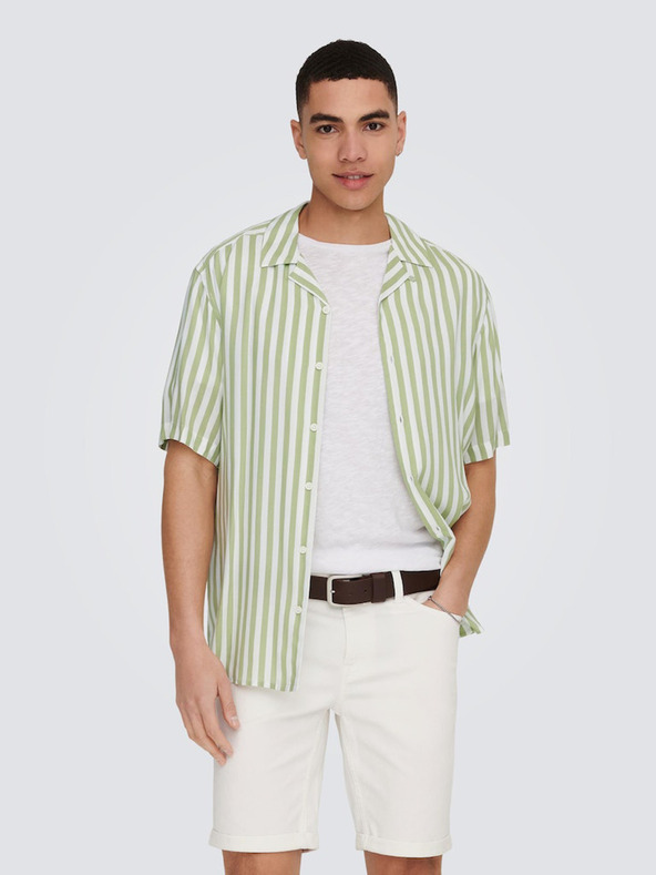 ONLY & SONS Bílo-zelená pánská pruhovaná košile s krátkým rukávem ONLY & SONS Wayne
