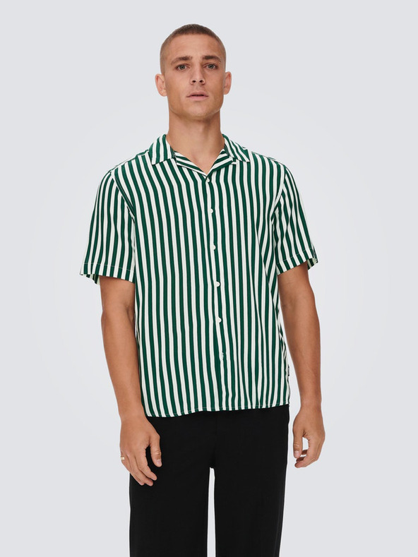 ONLY & SONS Bílo-zelená pánská pruhovaná košile s krátkým rukávem ONLY & SONS Wayne