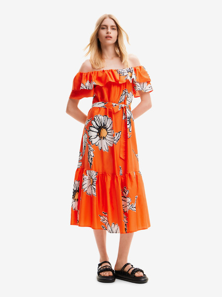 Desigual Oranžové dámské květované midišaty Desigual Georgeo