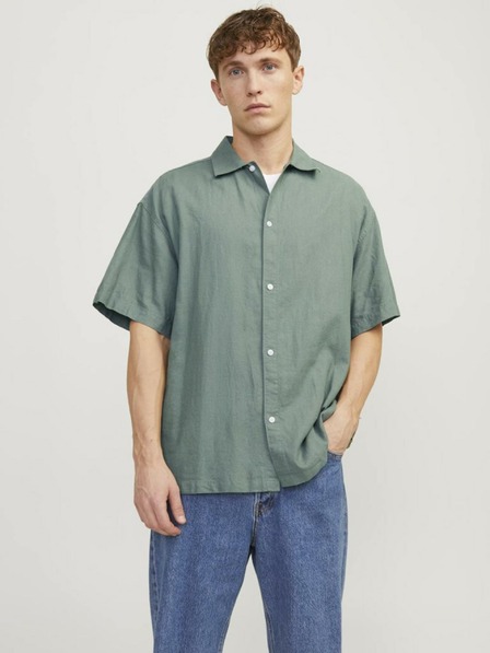 Jack & Jones Zelená pánská lněná košile s krátkým rukávem Jack & Jones Faro