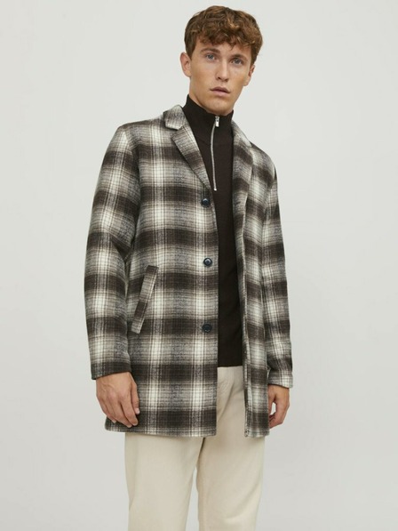 Jack & Jones Hnědý pánský kostkovaný kabát s příměsí vlny Jack & Jones Zac