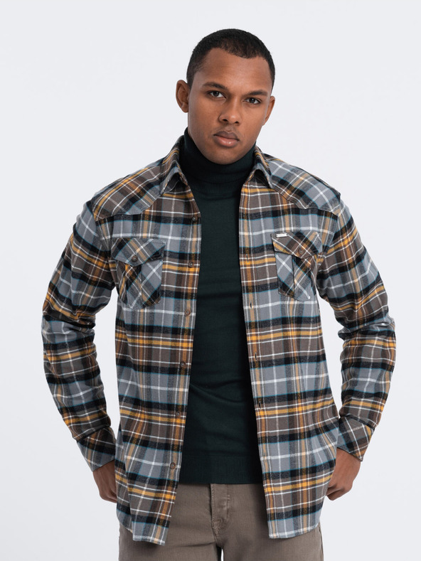 Ombre Clothing Oranžovo-šedá pánská svrchní flanelová košile Ombre Clothing