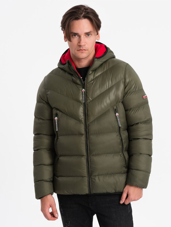 Ombre Clothing Tmavě zelená pánská prošívaná zimní bunda Ombre Clothing