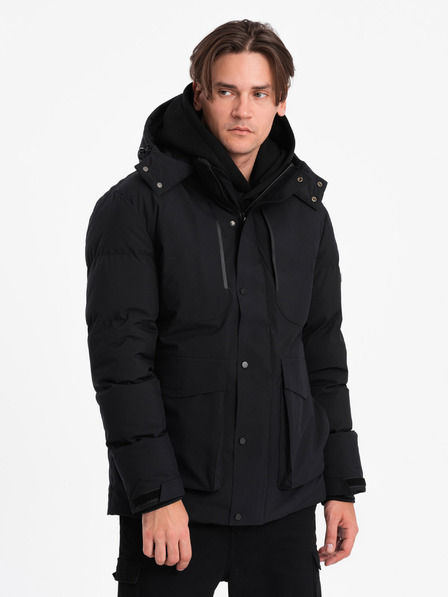 Ombre Clothing Černá pánská prošívaná zimní bunda s kapucí Ombre Clothing