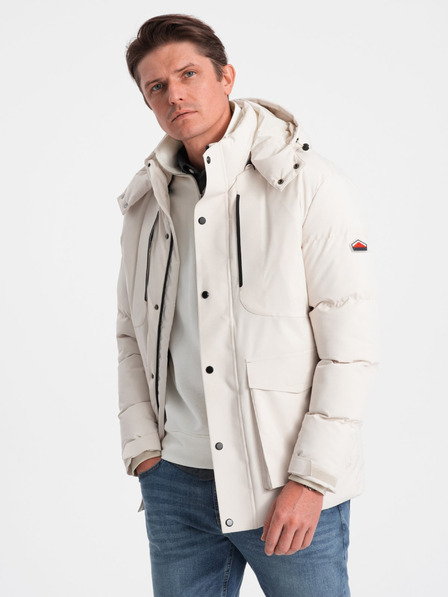 Ombre Clothing Krémová pánská prošívaná zimní bunda s kapucí Ombre Clothing