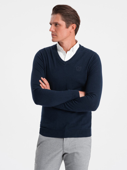 Ombre Clothing Tmavě modrý pánský svetr s košilovým límcem Ombre Clothing