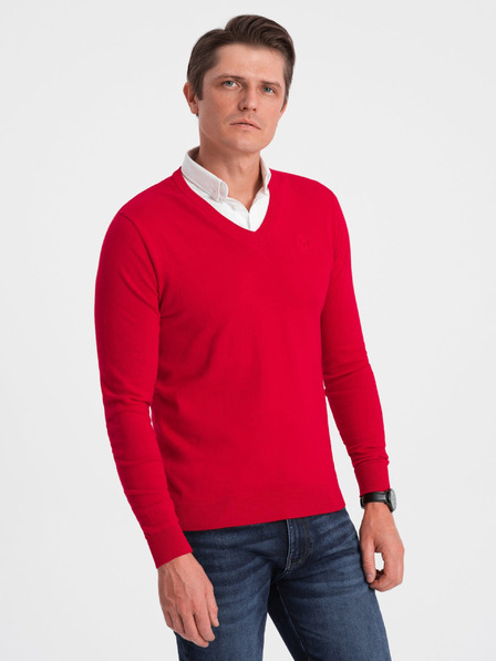 Ombre Clothing Červený pánský svetr s košilovým límcem Ombre Clothing