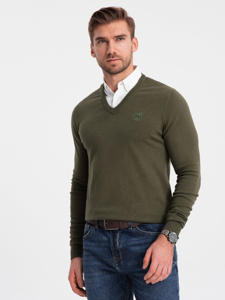 Ombre Clothing Zelený pánský svetr s košilovým límcem Ombre Clothing