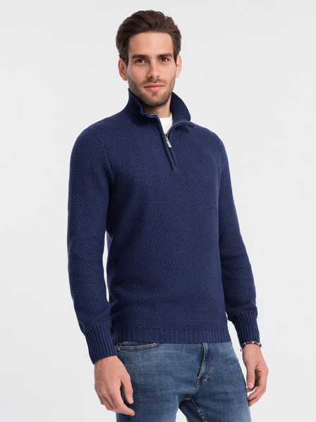 Ombre Clothing Tmavě modrý pánský svetr s límcem Ombre Clothing