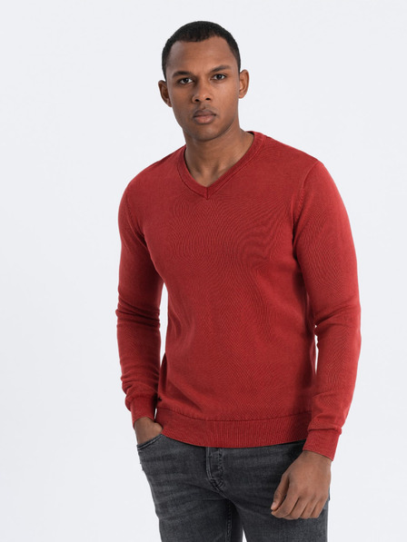 Ombre Clothing Červený pánský basic svetr s véčkovým výstřihem Ombre Clothing