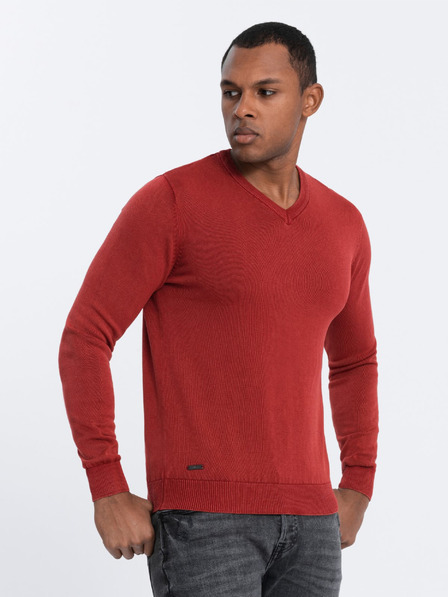 Ombre Clothing Červený pánský basic svetr s véčkovým výstřihem Ombre Clothing